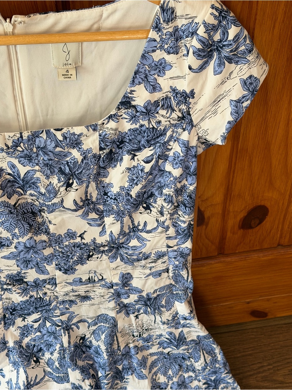 Joie Blue & White Tropical Toile Palm Fit & Flare Dress - 4 - Picture 4 of 12